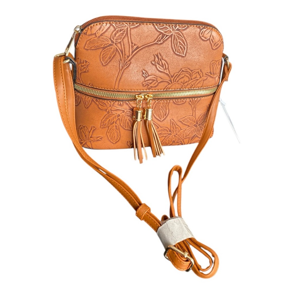 Flower Embossed Camel Color Crossbody Adjustable‎ Bag